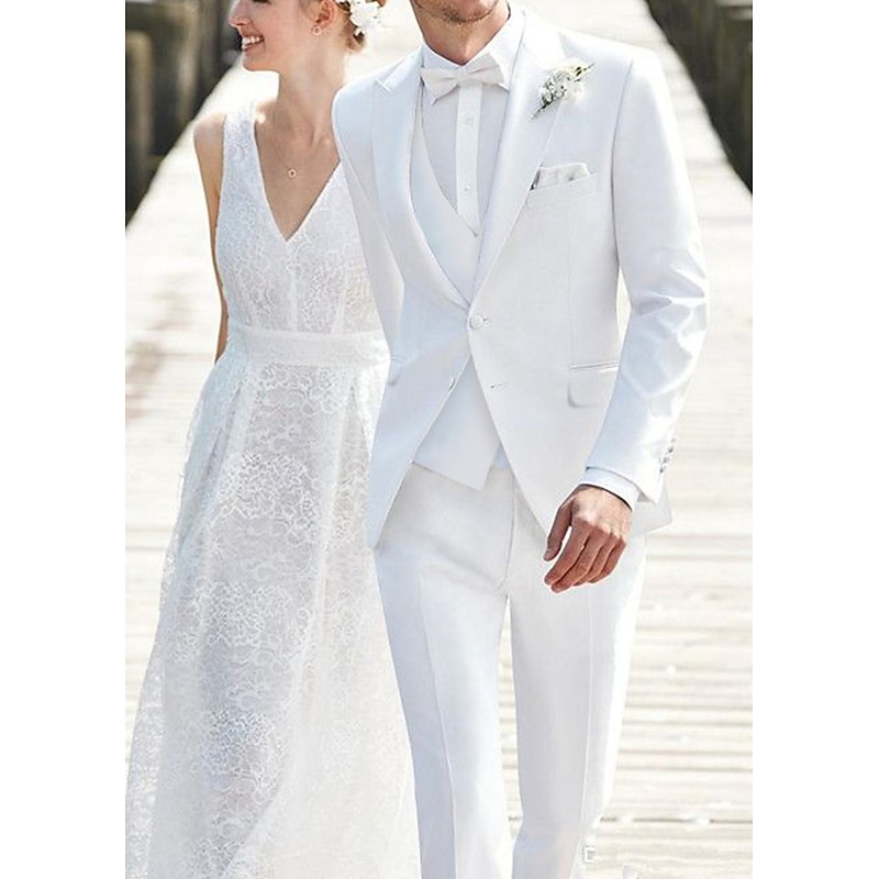 Men's Wedding Beach Wedding Suits Notch White Solid Colored Tailored Fit 3 Piece Single Breasted Two-buttons
