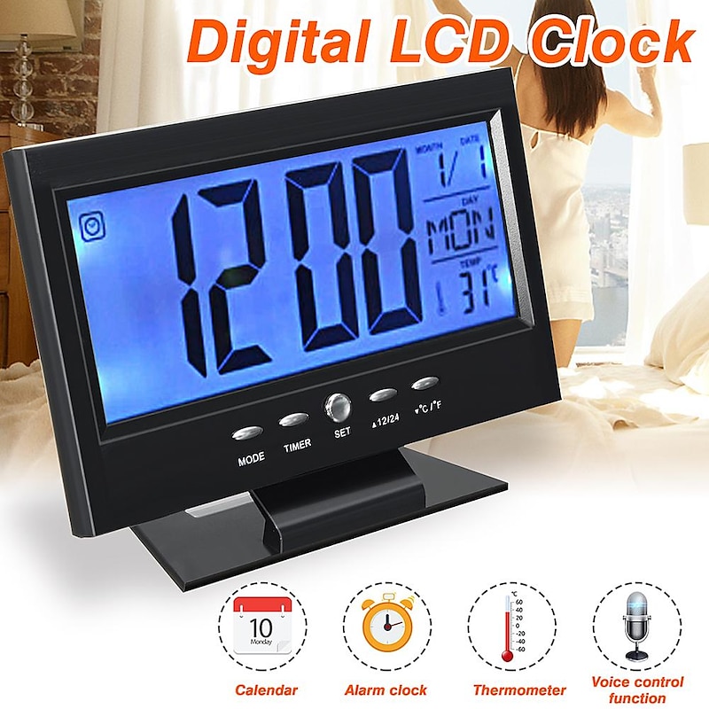 Intelligent Digital Clock Voice Control Snooze Backlight Creative Electronic Clock With Thermometer Weather Station Display Calendar Student Bedside A