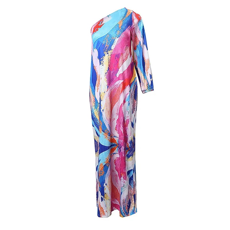 Women's Long Dress Maxi Dress Casual Dress Print Dress Floral Geometric Fashion Streetwear Outdoor Holiday Going out Print Long Sleeve One Shoulder Dress Slim ArmyGreen Blue Orange Summer Spring S M4