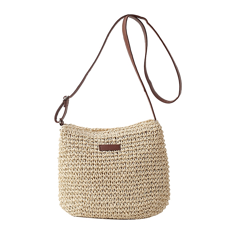 Women's Natural Woven Straw Crossbody Bag – Boho Summer Beach Handbag with Adjustable Brown Leather Strap