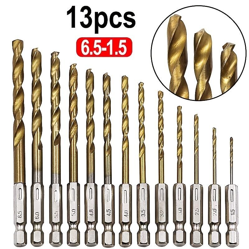 13pcs/set HSS Titanium Coated Drill Bit Set 1/4 Hex Shank 1/16