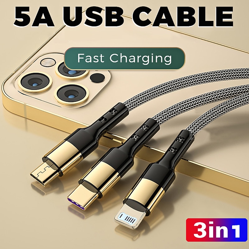 Multi Charging Cable 3 In 1 Charging Cable Multiple USB Cord Nylon Braided Charger For IP/Type-C/Micro-USB Compatible With Most Cell Phones/Tablets/Samsung Galaxy/and More