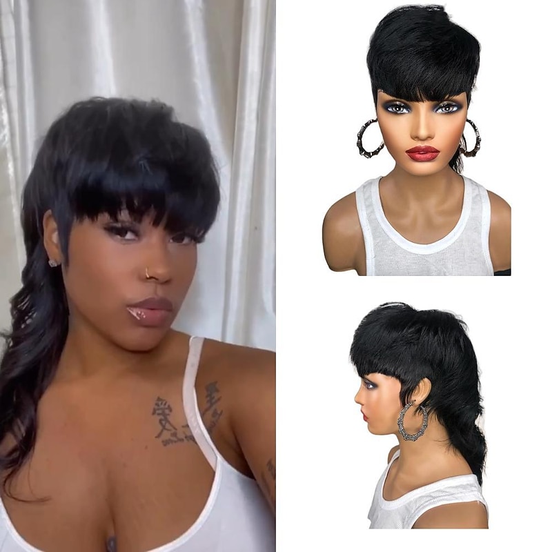 Model Length Full Machine Made Wig With Bangs Indian Virgin Human Hair Wigs For Black Women Dovetail Straight  Remy2