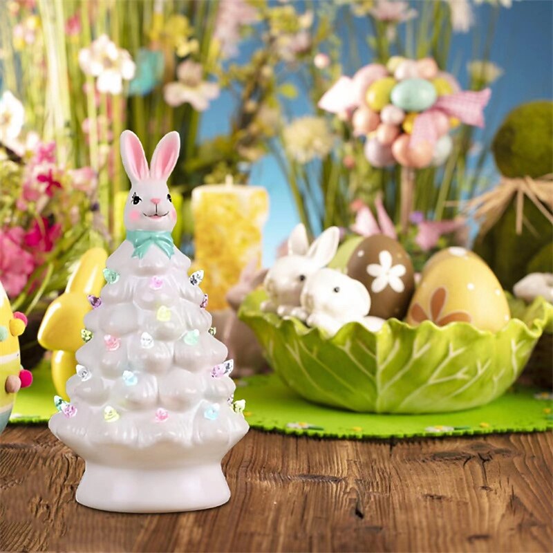 Bunny Tree Easter Decoration Cute mini Easter Rabbit Tree Resin Colored Lights 15CM Rabbit ornament Home Decor Easter Gift2