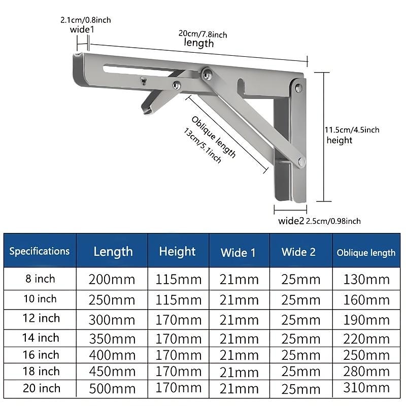 2pcs Heavy Duty Folding Shelf Brackets - 8", 10" & 12" - Wall Mounted for Bench Table with Screws2