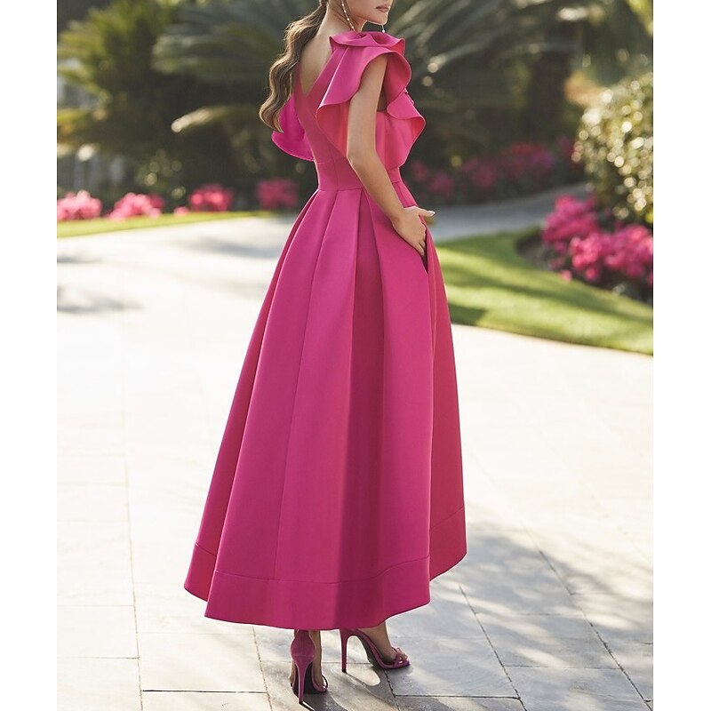 Beach Wedding A-Line Cocktail Dresses Elegant Dress Semi Formal Asymmetrical Sleeveless V Neck Fall Wedding Guest Stretch Fabric with Ruffles Dresses2