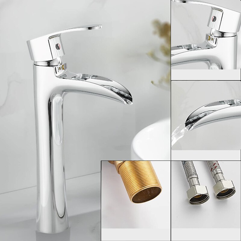 Waterfall Bathroom Sink Mixer Faucet Chrome, Tall Basin Mixer Taps Brass, Single Handle One Hole Tap with Hot and Cold Hose Deck Mounted Vessel Water Tap3