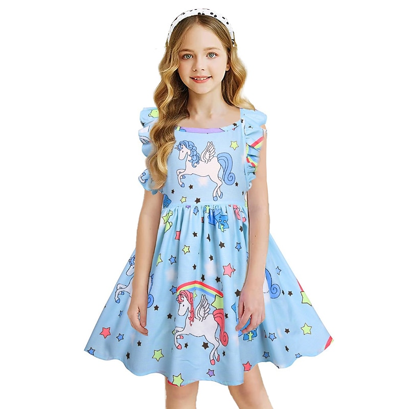 Kids Girls' Dress Rainbow Unicorn Star Short Sleeve Casual Casual Sweet Cotton Above Knee Casual Dress A Line Dress Summer Spring 3-8 Years Light Blue Light Green Pink2