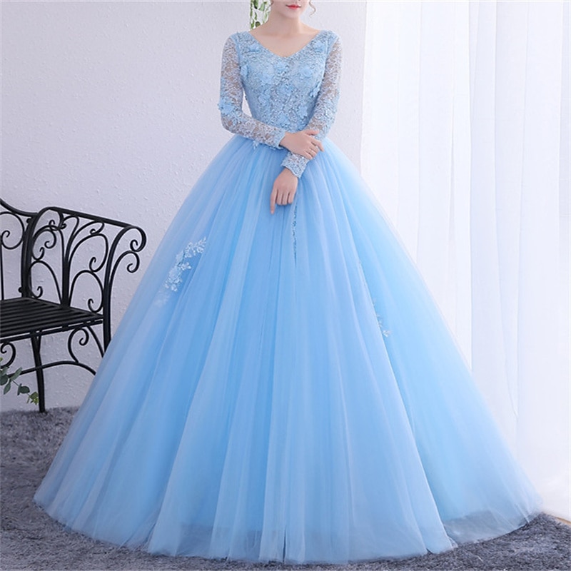 Ball Gown Quinceanera Dresses Princess Dress Performance Quinceanera Floor Length Long Sleeve V Neck  with Crystals Appliques  dress to impress