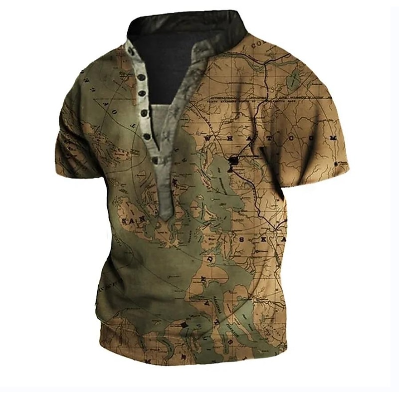 Men's T shirt Tee Henley Shirt Tee Graphic Map Henley Yellow Light Green Black / Brown Brown 3D Print Plus Size Outdoor Daily Short Sleeve Button-Down Print Clothing Apparel Designer Stylish Vintage