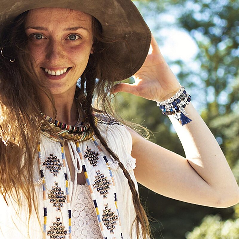 Tree & Tassel Charm Beaded Bracelet Handmade Bohemian Style Multi-layer Wooden Bead Beaded Bracelet Elastic Bracelet Hand Jewelry3