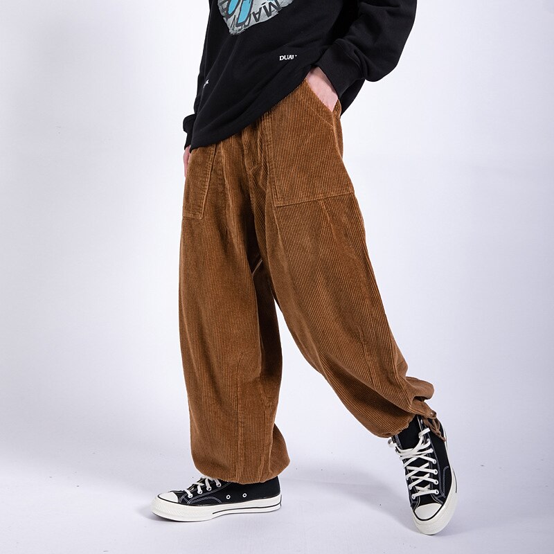 Men's Corduroy Pants Trousers Baggy Pants Casual Pants Pocket Wide Leg Baggy Solid Color Comfort Warm Full Length Casual Daily Fashion Streetwear Loose Fit Black Brown2
