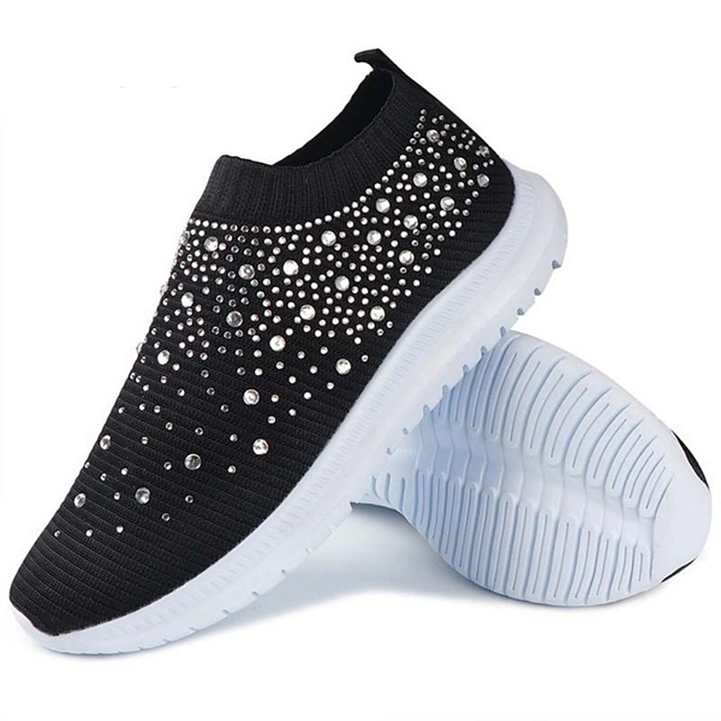 Women's Rainbow Slip-On Sneakers – Colorful Knit Athletic Shoes with Rhinestone Embellishments for Casual Wear and Walking4