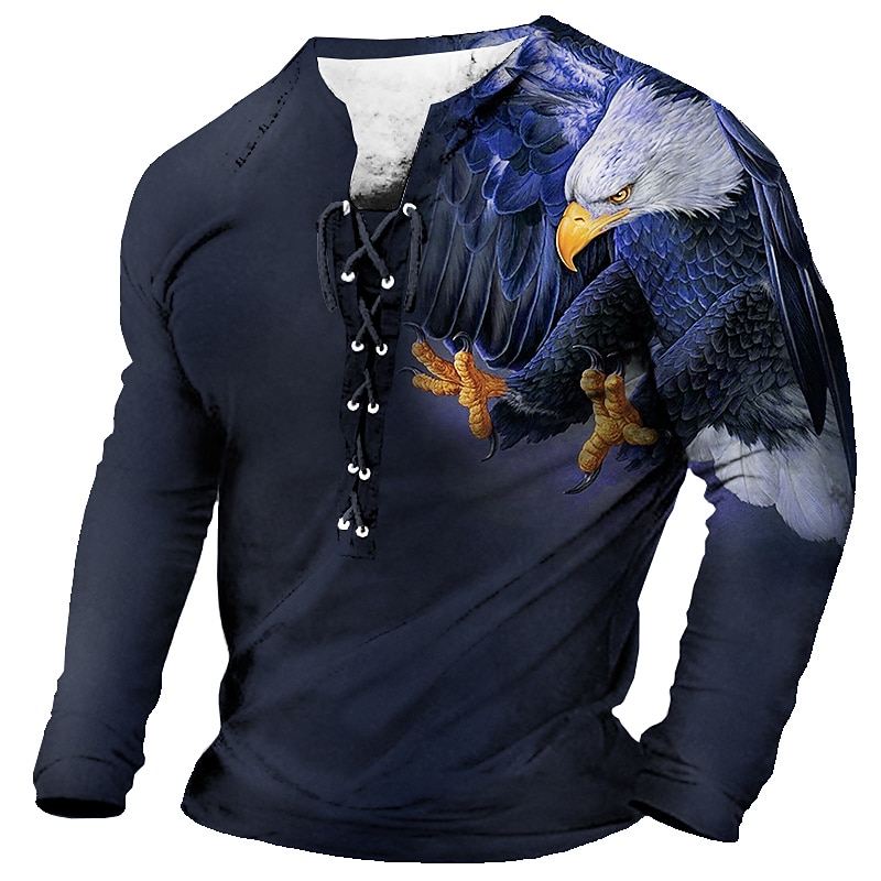 Men's T Shirt Tee Graphic Animal Eagle Collar Clothing Apparel 3D Print Casual Daily Going out Long Sleeve Lace up Print Polyester Fashion Designer Comfortable3