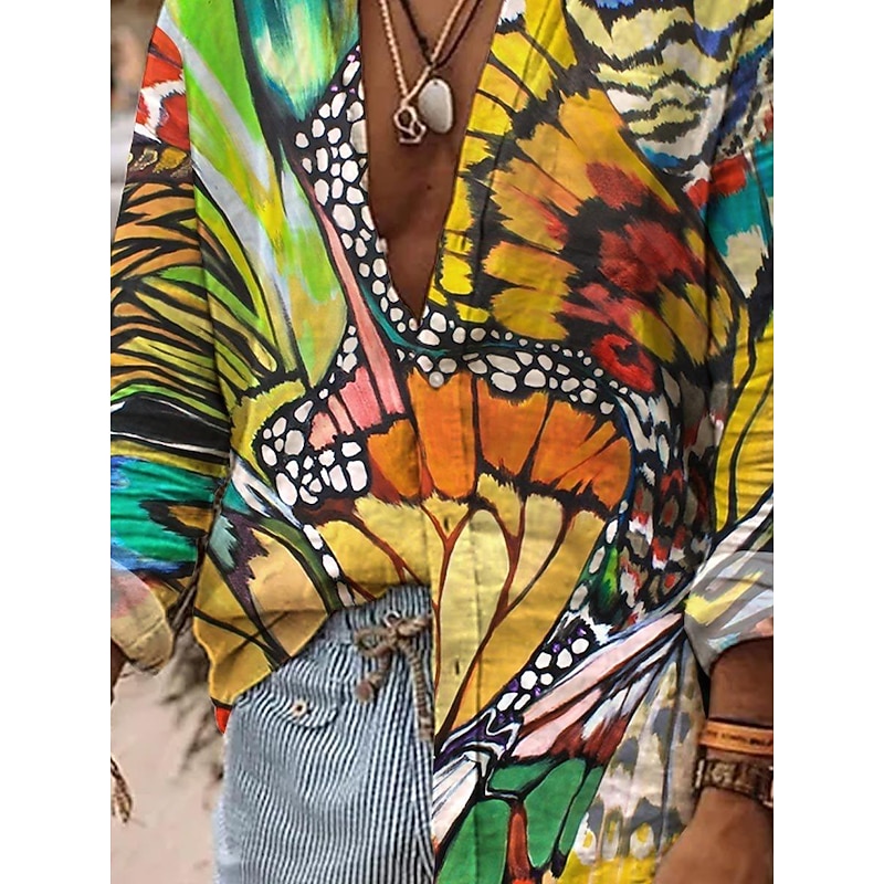 Men's Butterfly Shirt Summer Hawaiian Shirt Aloha Shirt Long Sleeve Shirt Turndown Fashion Streetwear Designer Outdoor Street Casual White Yellow Green S M L3