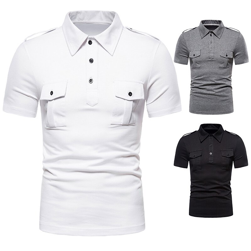 Men's Polo Shirts Cotton Polo Shirt Casual Sports Classic Short Sleeve Basic Comfortable Plain Pocket Buttons Summer Regular Fit Black White Grey Polo Shirts