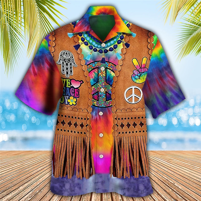 Men's Colorful Hippie Shirt Summer Hawaiian Shirt Aloha Shirt Short Sleeve Shirt Cuban Collar Sports Fashion Streetwear Outdoor Casual Hawaiian Yellow Black / Brown Brown S M L