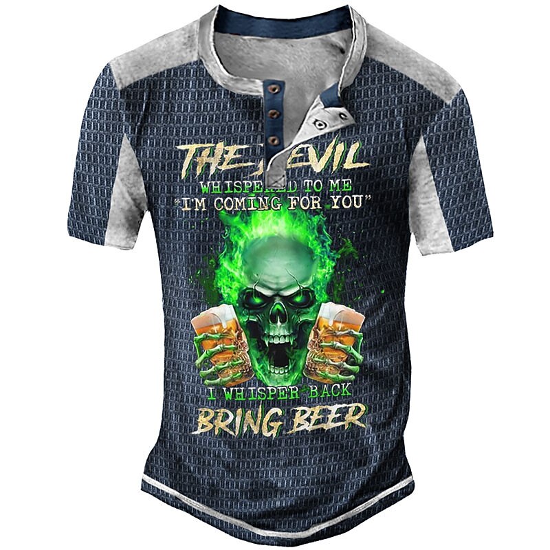 Men's Halloween Graphic Beer Skulls Henley Shirt Tee Short Sleeve 3D Print Fashion Designer Comfortable Outdoor Casual Daily Summer Black Navy Blue Purple Brown Green Henley Henley T-Shirt2