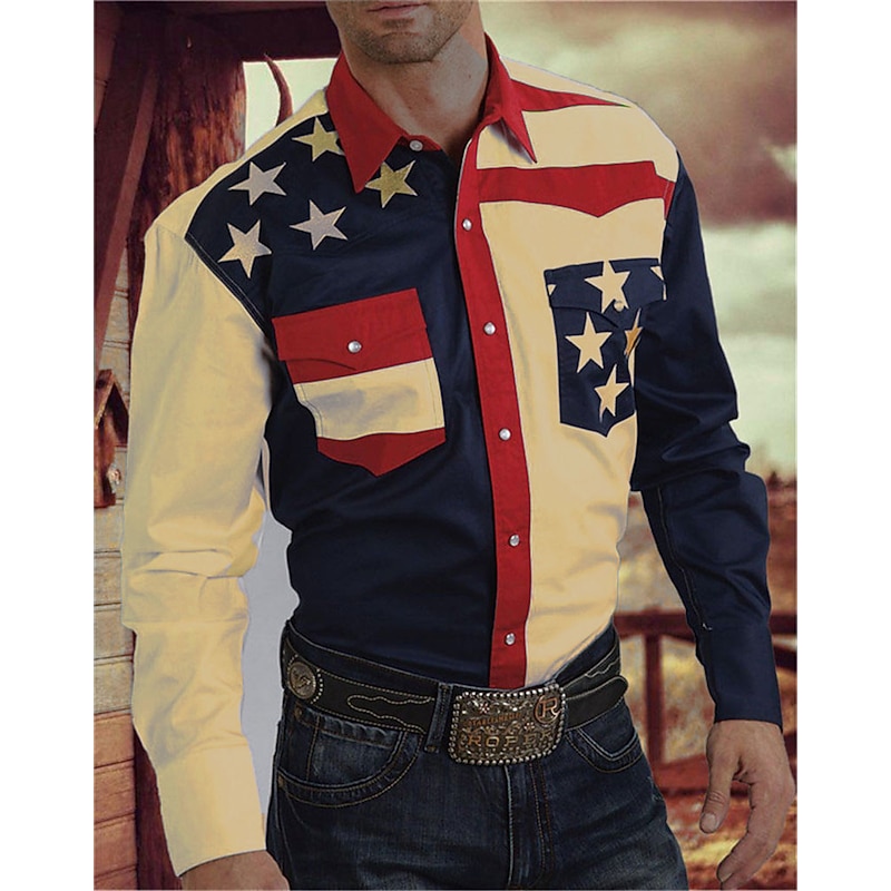 Men's American Flag Western Shirt Button Up Shirt Cowboy Shirt Long Sleeve Western Daily Fall & Winter Turndown Collared Shirts 3D Print Front Pocket Yellow Navy Blue Blue Purple4