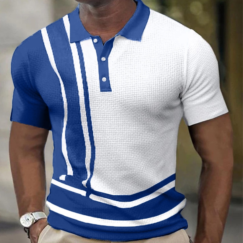 Men's Waffle Polo Shirt Golf Shirt Outdoor Street Turndown Short Sleeves Sports Fashion Striped Graphic Prints Button-Down Print Summer Spring Regular Fit Yellow Navy Blue Green Light Blue Gray2