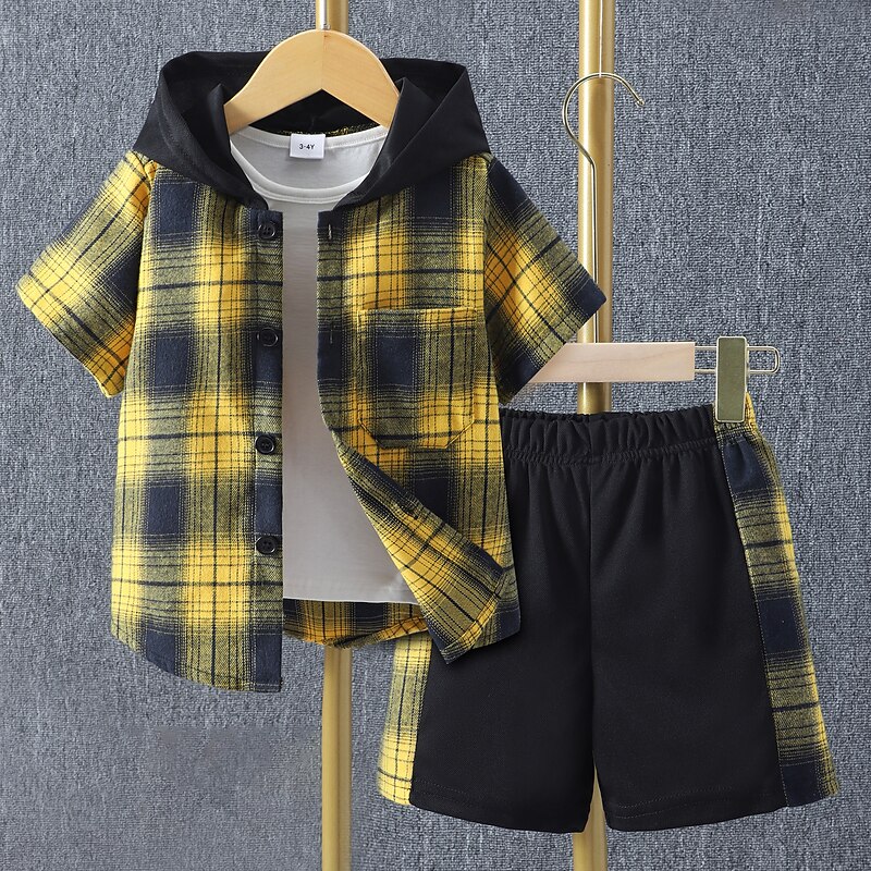 2 Pieces Kids Boys Clothing Set Outfit Plaid Short Sleeve Set Casual Basic Summer 3-7 Years Black Yellow Red2