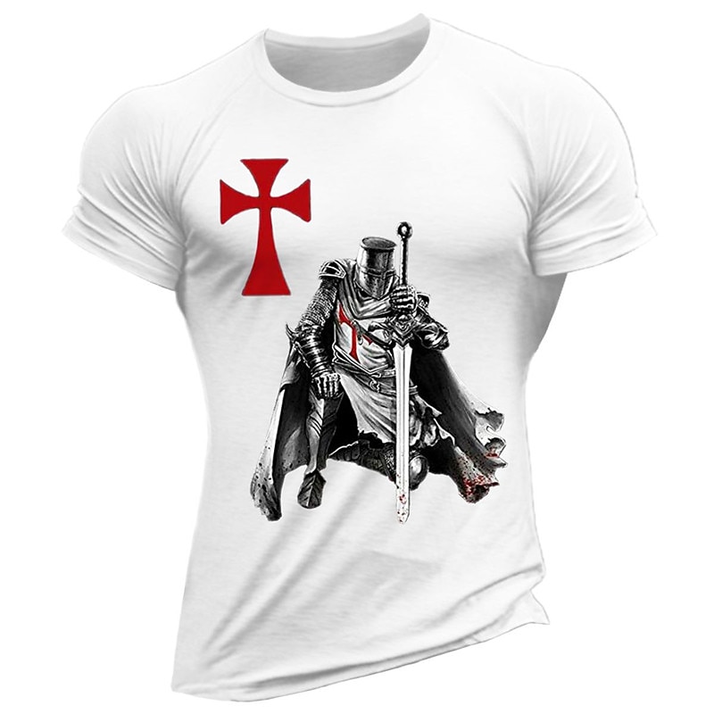 Men's Templar Knight Graphic T-Shirt, Crusader Medieval Warrior Short Sleeve with Red Cross