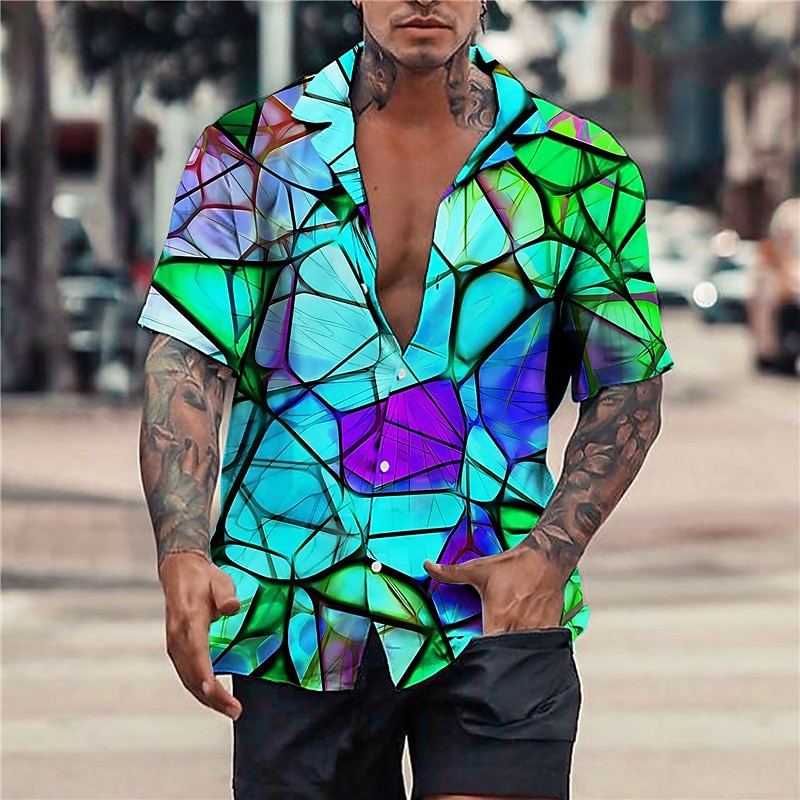Men's Color Block Abstract Shirt Button Up Shirt Short Sleeve Sports Fashion Streetwear Casual Holiday Going out Summer Spring Cuban Collar Print Black Yellow Blue Green