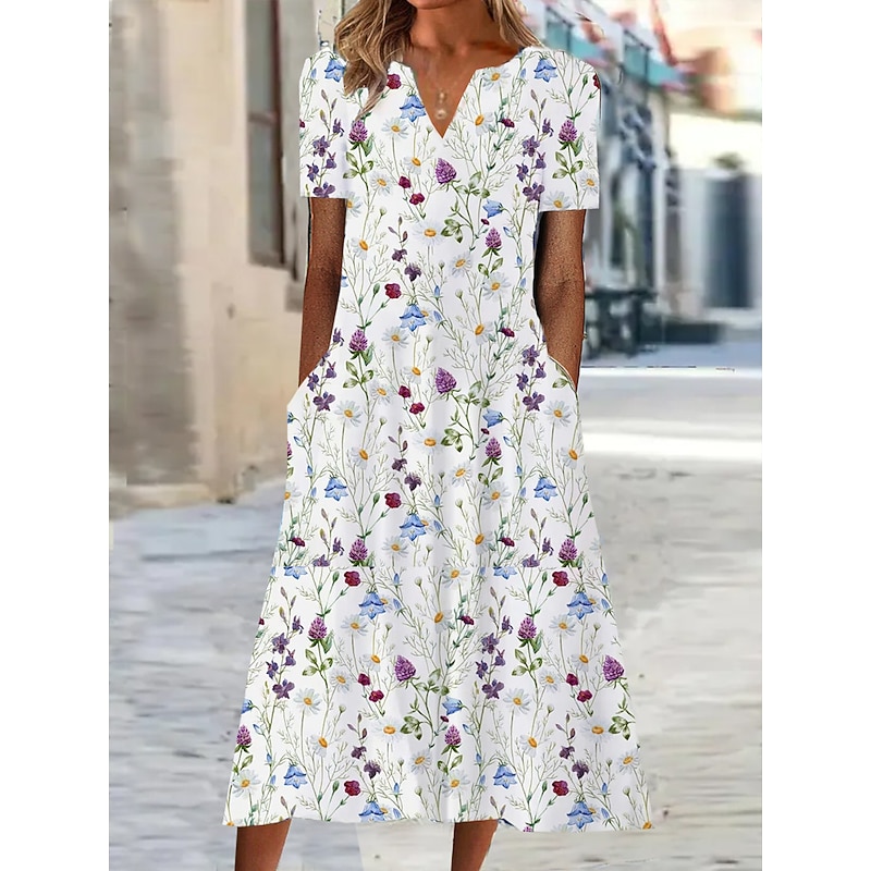 Women's Midi Dress Shift Dress Floral Pocket Print V Neck Date Vacation Short Sleeve Summer Spring