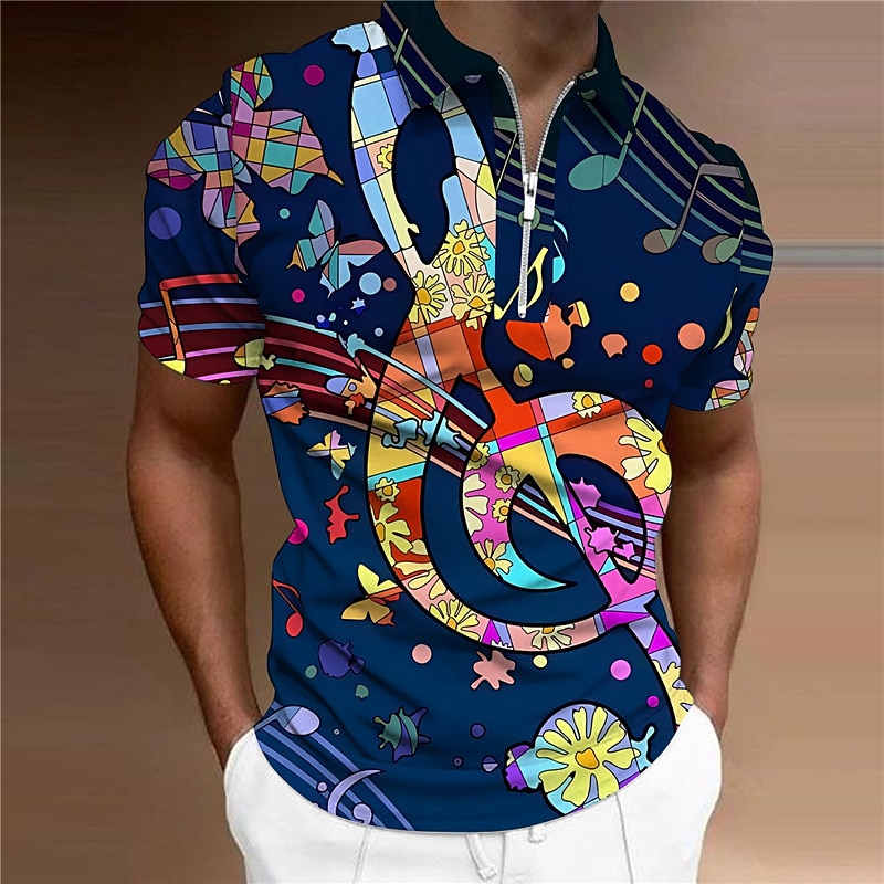 Music Festival Men's Music Zip Polo Shirts Golf Shirt Short Sleeve Polo Shirts Collared Shirts Casual Vacation Wear Festival Wear Party Outfits 3D Print Quarter Zip Polo Navy Blue Green