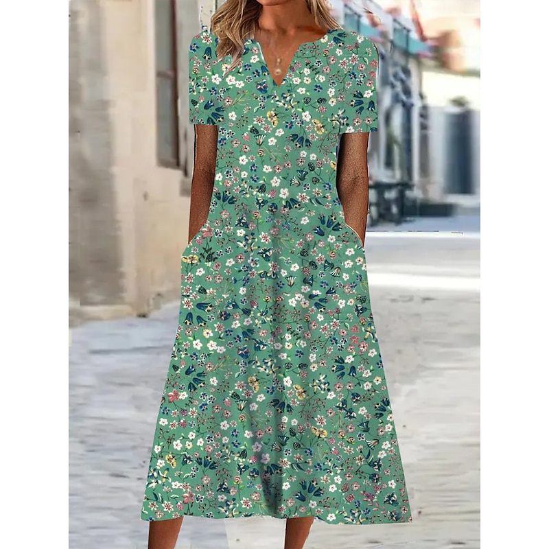 Women's Midi Dress Shift Dress Summer Dress Print Dress Active Fashion Streetwear Outdoor Vacation Date Regular Fit Floral Short Sleeve V Neck Blue Green Gray Summer Spring
