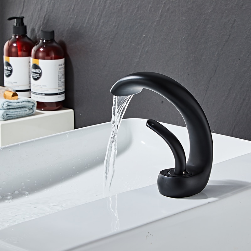 Waterfall Bathroom Sink Mixer Faucet Deck Mount, Mono Wash Basin Single Handle Basin Taps Washroom with Hot and Cold Hose, Monobloc Vessel Water Brass Tap Black White Chrome Brushed2