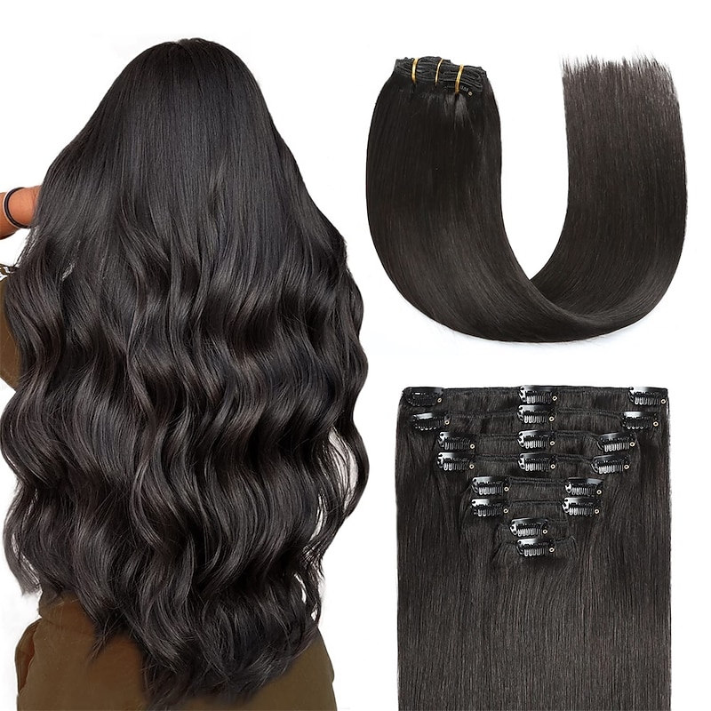 Clip in Hair Extensions Real Human Hair Natural Black Human Hair Extensions Clip ins 20 Inch Double Weft Straight 1b Clip in Human Hair Extensions #1B Color 8Pcs 120g