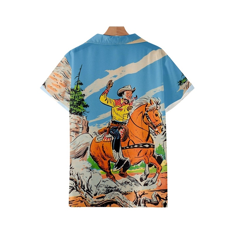 Kentucky Derby Men's Vintage Cowboy Shirt Summer Hawaiian Shirt Aloha Shirt Short Sleeves Shirt Turndown Vintage Fashion Streetwear Street Casual Daily Yellow Red Blue S M L3