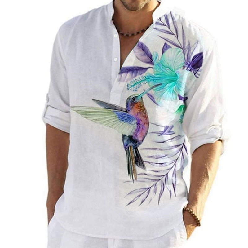 Men's Floral Animal Bird Shirt Summer Hawaiian Shirt Aloha Shirt Long Sleeve Shirt Turndown Fashion Designer Casual Outdoor Street Casual White Pink Blue 3D Print S M L4