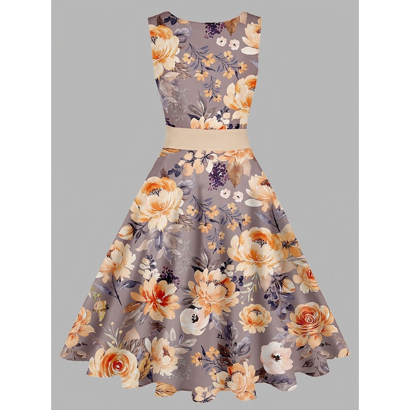 Women's Vintage Elegant Vintage Tea Dresses Midi Dress Daily Date Ruched Print Floral Crew Neck Sleeveless Slim Summer Spring 2023 Yellow Blue S M L XL