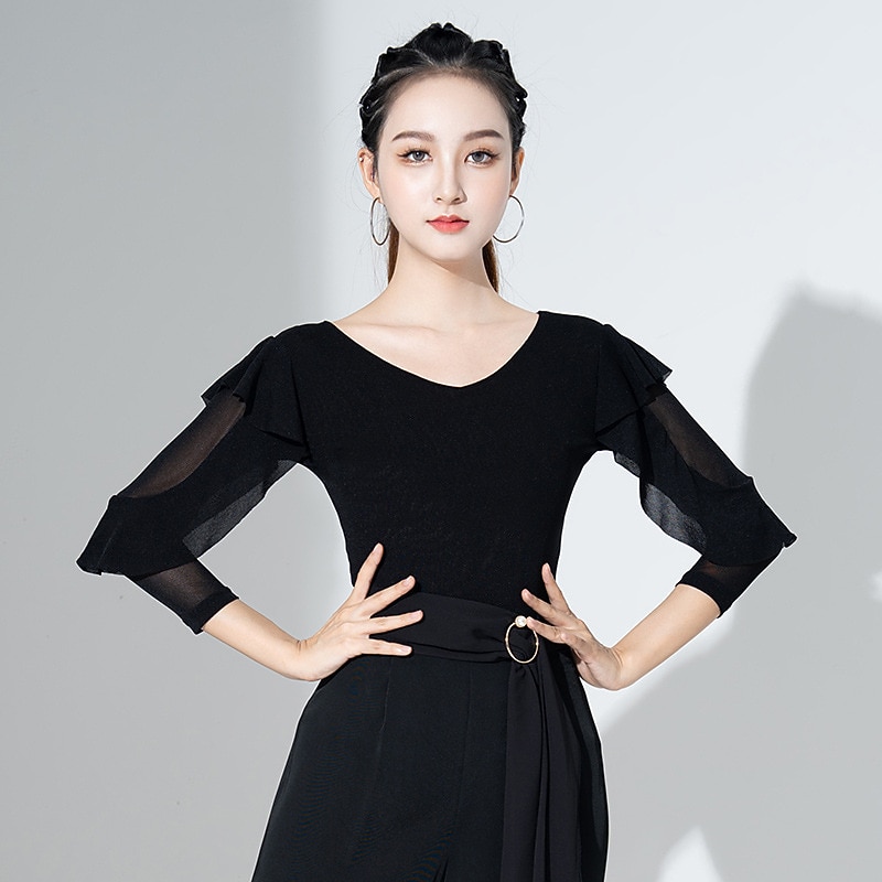 Latin Dance Ballroom Dance Activewear Leotard / Onesie Ruching Pure Color Splicing Women's Performance Training 3/4 Length Sleeve High Cotton Blend4