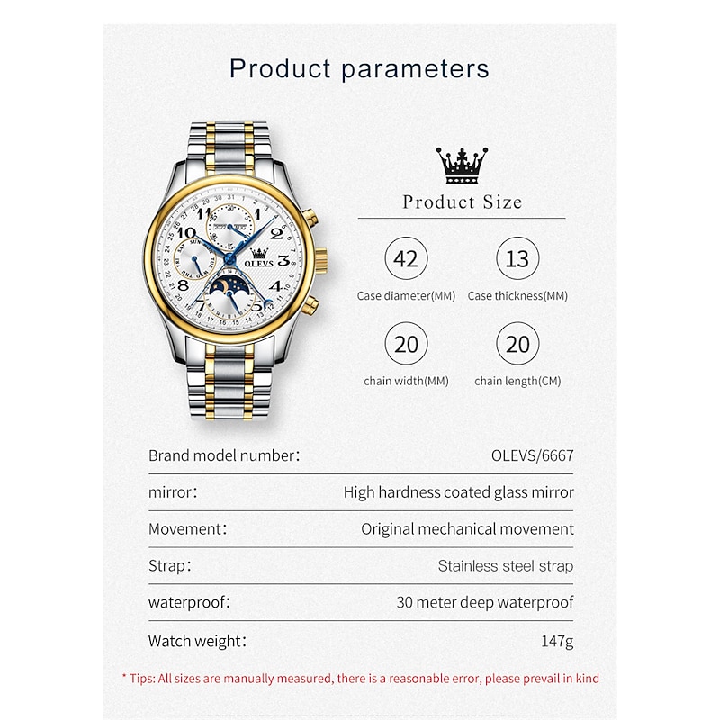 OLEVS Men Mechanical Watch Calendar Luxury Waterproof Wristwatch Automatic Self-winding Moon phase Dual Display Calendar Stainless Steel Strap Watch2