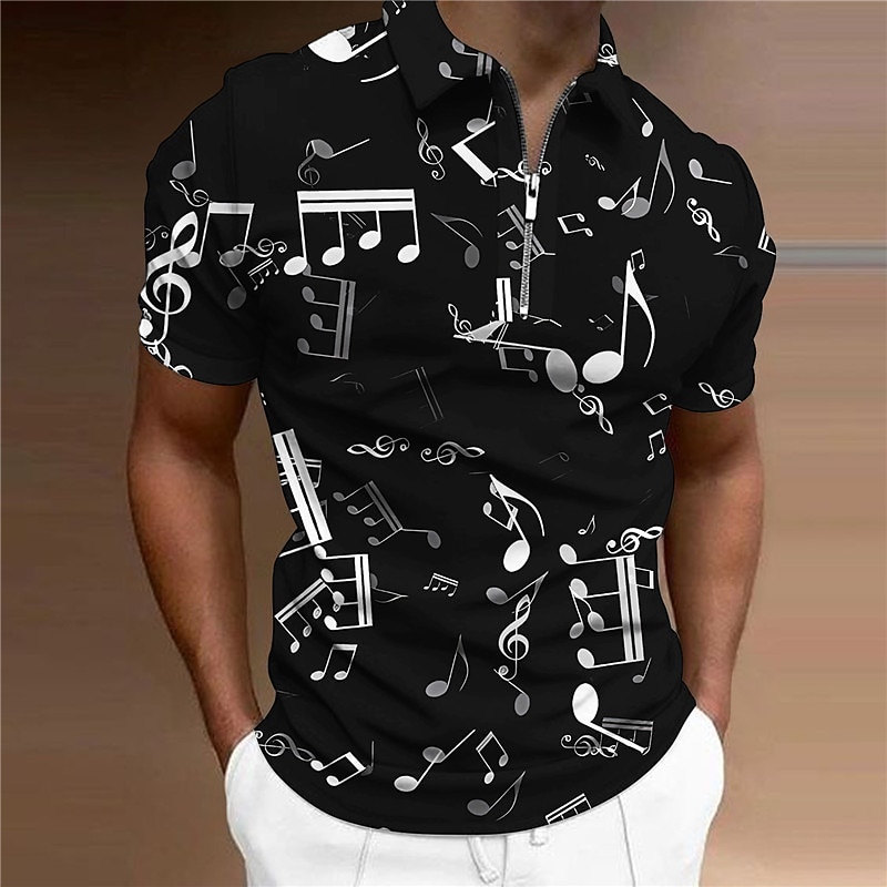 Music Festival Men's Music Zip Polo Shirts Golf Shirt Short Sleeve Polo Shirts Collared Shirts Casual Vacation Wear Festival Wear Party Outfits 3D Print Quarter Zip Polo Light Yellow Black White+Black