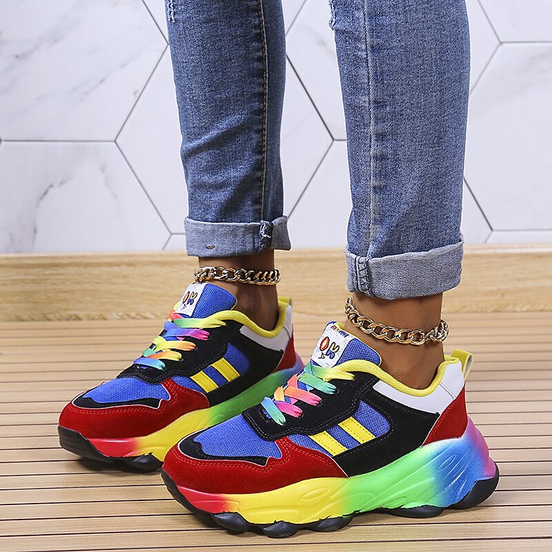 Women's Rainbow Chunky Sneakers – Colorful Mesh Lace-Up Sports Shoes for Running, Walking & Casual Streetwear2