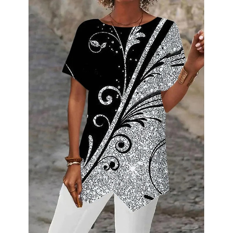 Women's Blouse Asymmetrical Hem Basic Abstract Print Short Sleeve Long Tops Round Neck Casual Silver Black White Blue Khaki2