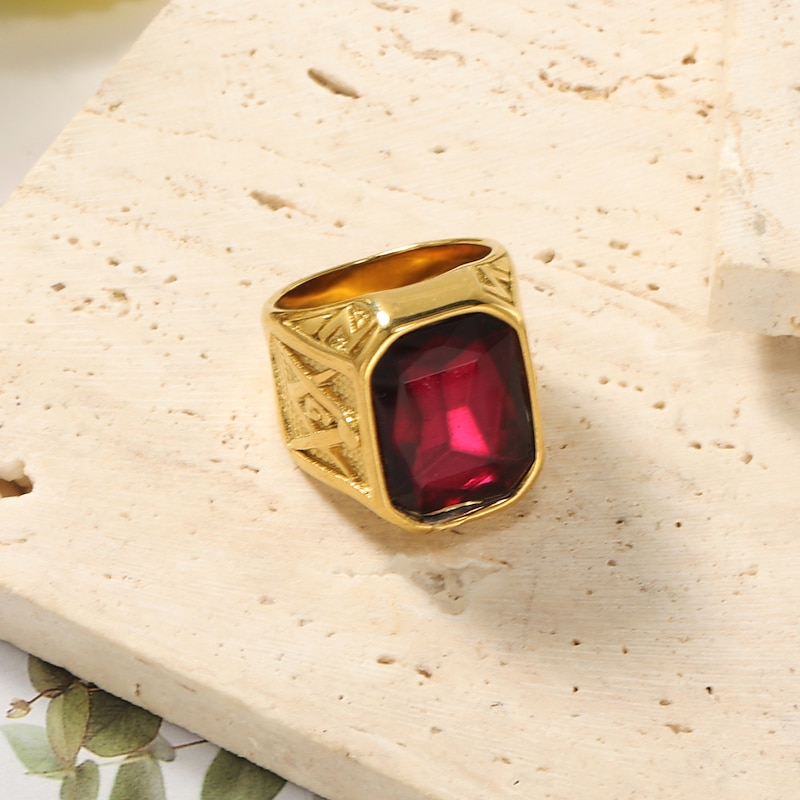 men's 14k yellow gold plated emerald cut simulated red ruby nugget style ring size 93