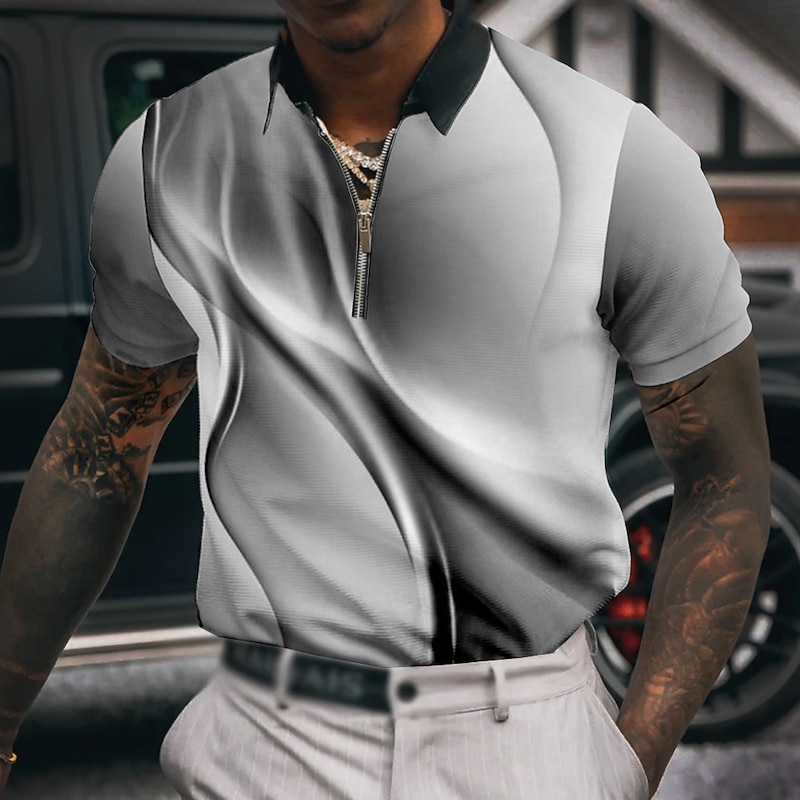 Men's Geometric Zip Polo Shirts Golf Shirt Short Sleeve Polo Shirts Collared Shirts Business Casual Vacation Wear Formal Wear Festival Wear 3D Print Quarter Zip Polo White gray Light Green Blue3
