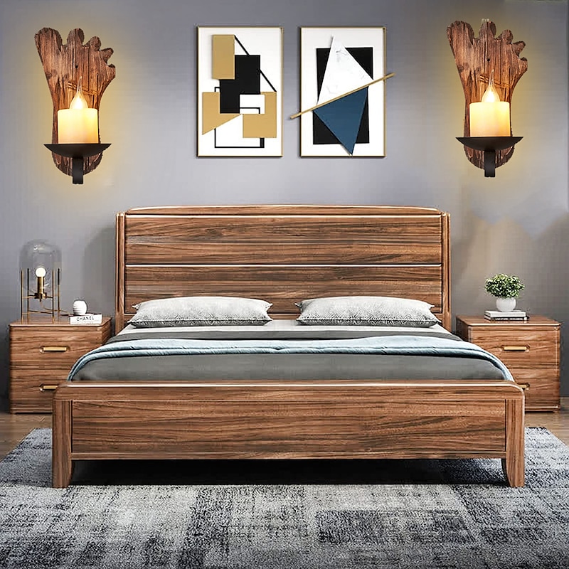 Industrial Style Rural Retro Wood Wall Lamp Marble Lampshade Gray Log Suitable for Indoor Farmhouse Coffee Kitchen Study Lighting E14/E12 Candle Bulb AC110V AC220V4