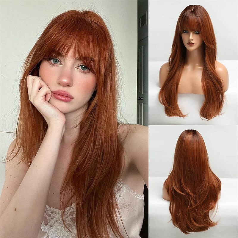 Long Auburn Wig with Bangs Layered Curly Orange Wigs for Women Natural Synthetic Wigs for Daily Use