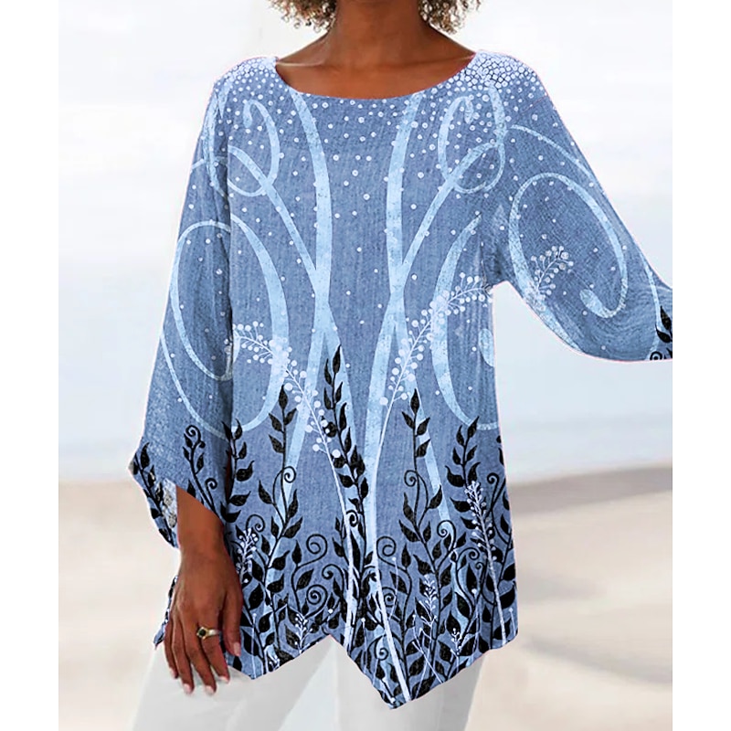 Women's Blouse Long Sleeve Asymmetrical Hem Chiffon Daily Basic Leaf Print Long Tops Round Neck Casual Holiday Blue Green Gray Fall & Winter2