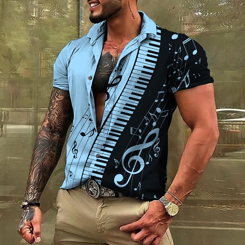 Men's Boardmasters Music Notes Shirt Button Up Shirt Short Sleeve Fashion Streetwear Designer Casual Daily Weekend Summer Spring Turndown Print Button-Down Lake blue White Blue Purple Brown3