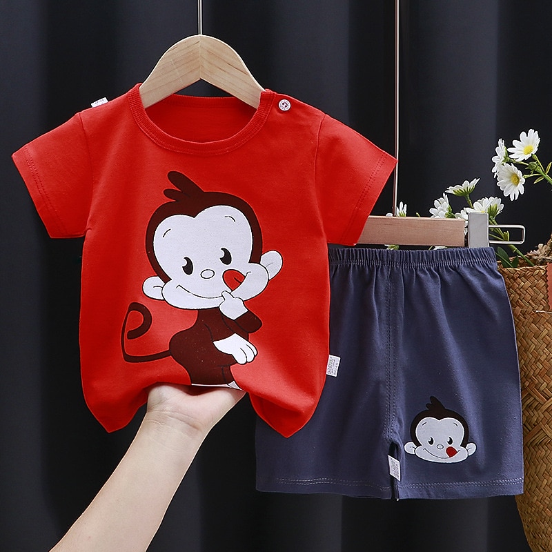2 Pieces Toddler Boys T-shirt & Shorts Outfit Animal Cartoon Short Sleeve Cotton Set Outdoor Adorable Daily Summer Spring 3-7 Years 3 green teddy bears 9 spectacled bear 13 Stripes Bear4