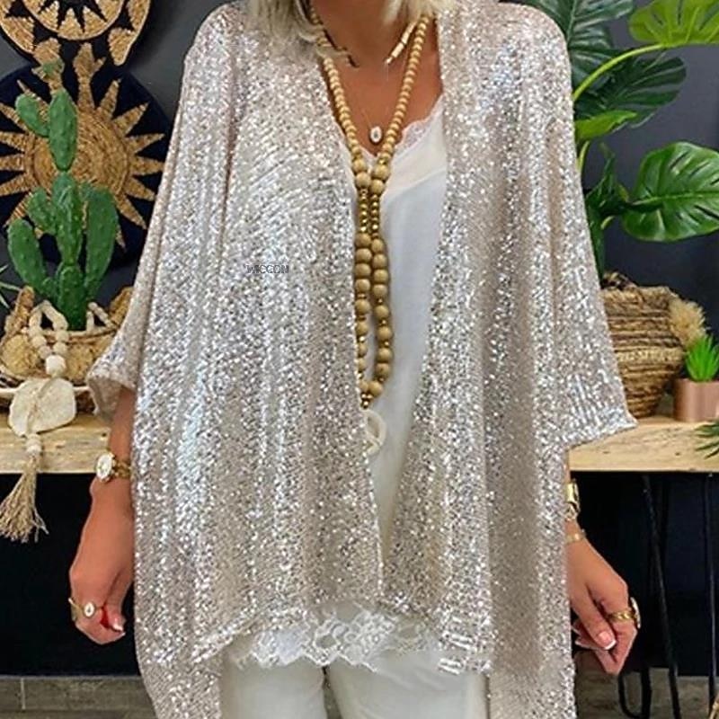 Women's Plus Size Jacket Sequins Formal Party Open Front  Sparkle & Shine 3/4 Sleeve Sequined Fall Wedding Guest Wraps With Glitter For Spring & Summer Wedding Mother of Bride dress to impress3