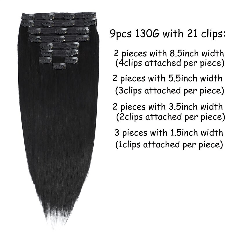 Clip in Hair Extensions Real Human Hair 9pcs 130g Jet Black Hair Extensions Straight Natural Soft Thick Remy Extensions Straight Clip in Hair Extensions Human Hair 22inch Jet Black Color3