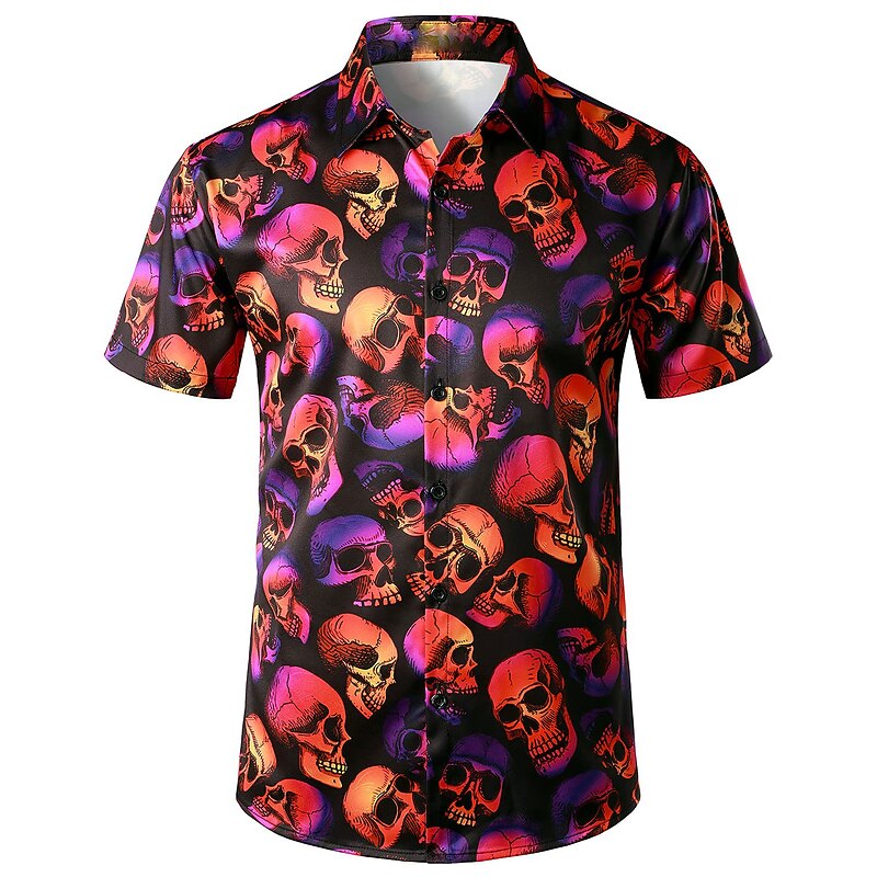 Men's Skull Shirt Button Up Shirt Short Sleeve Fashion Cool Punk & Gothic Street Casual Daily Summer Spring Turndown Print Button-Down Black Red Purple Black+White2